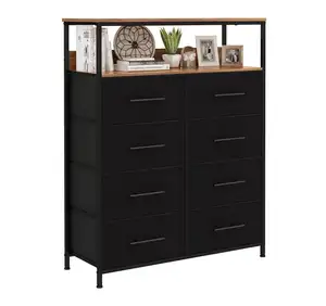 Industrial Drawers Dresser with 1 Opening Shelf and Wooden Top 8 Drawers Black Dresser for Bedroom