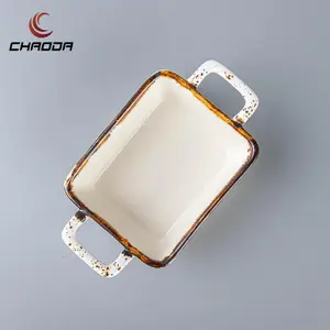 Hot Selling Dinnerware Deep Rectangle Shaped Restaurant Used Ceramic Dinner Plates With Double Handle
