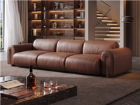 Canapé italien minimaliste importé en cuir pleine fleur de qualité supérieure, avec assise et accoudoirs en peluche épaisse, design ergonomique, pieds en noyer noir