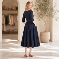 Robe midi bleu marine pour femmes, décontractée, col rond, manches trois-quarts, plissée, coupe évasée, avec ceinture et poches