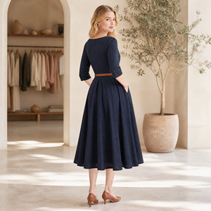 Abito midi blu navy da donna, casual, con scollo rotondo, maniche a <span class=keywords><strong>tre</strong></span> <span class=keywords><strong>quarti</strong></span>, plissettato, linea ad A, con cintura e tasche - Product Image 2