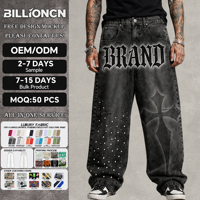 Jean ample à jambe droite pour homme, style automne, avec strass brodés, coupe décontractée boyfriend, mode urbaine estivale