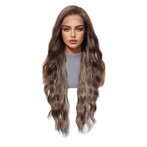 Style naturel pour femmes 13*6 perruque en dentelle de soie importée brun foncé faits saillants cheveux longs bouclés transfrontalier grande surface aléatoire coudre Stock - Product Image 1