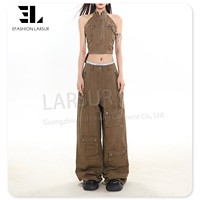LARSUR Custom Factory Y2K Distress Wide Leg Baggy Cargo Jeans et Veste sans manches Denim Set Two Piece Jeans Set for Ladies