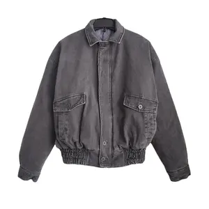 MOUNTNEVE Custom Distress Wash Black Denim Bomber Crop Denim Puffer Jacket Motorcycle Work Jacket With Quilted Lined