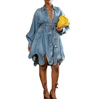 Nouvelle Robe Mini Ample en Jean Lavé pour Femme, Collection Automne 2026, Boutonnée sur le Devant, Ceinturée, Manches Ballon, Ourlet Asymétrique Brut, Élégante, Vente en Gros