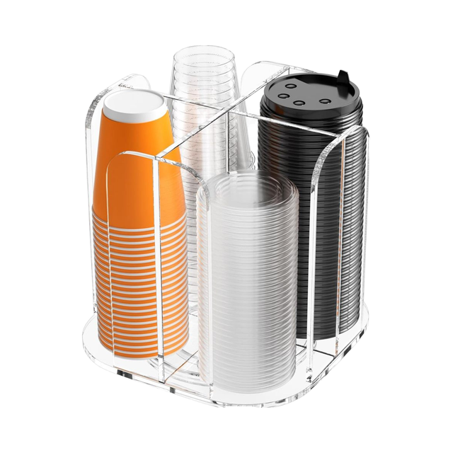 Rotatable 4-Compartment Polished Acrylic Eco-friendly Modern Cup Dispenser Coffee Station Lid Carousel Countertop Holder