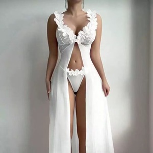 Robe de nuit longue sexy et <span class=keywords><strong>sensuelle</strong></span> pour femme, motif floral, col en V profond, dentelle, fente haute, en maille, ensemble 2 pièces très sexy - Product Image 4