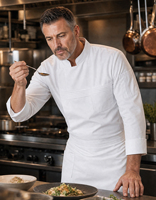Tenue de travail unisexe classique pour chef, nouvelle collection automne-hiver, élastique, manches longues ou courtes, en sergé tissé, pour restaurant et boulangerie