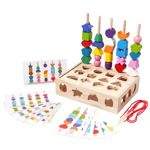 Juego de cuentas de rompecabezas de madera de cinco pilares, caja de inteligencia de bloques de construcción, juguetes sensoriales a juego con forma de Color para niños