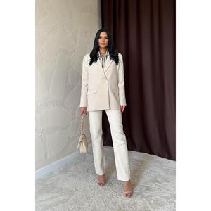 Blazer beige para mujer, tela de lana, estilo antiarrugas, manga larga, para oficina. - Product Image 3