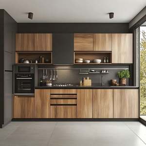 Armoires de cuisine contemporaines incurvées, prêtes à l'assemblage, en MDF, panneau solide, acier inoxydable, tiroirs en verre, paniers, y compris l'évier - Product Image 6