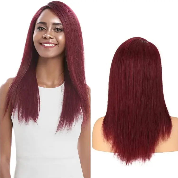 Burgundy Medium length 100% Brazilian Virgin Human Hair Bone Straight Side Part Lace Front Wigs with Baby Hair for Black Women