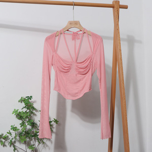 POLO in maglia tinta unita da <span class=keywords><strong>donna</strong></span> a manica lunga <span class=keywords><strong>marrone</strong></span> Cardigan stampa ombelico t-shirt per camicetta da <span class=keywords><strong>donna</strong></span> - Product Image 2