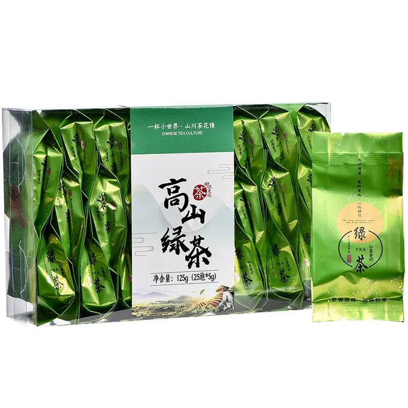 Boîte cadeau d'emballage en plastique petit sachet de thé 125 grammes 25 sachets de thé vert de haute montagne gaoshan cha