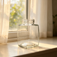 Bouteille en verre vide rectangulaire à large ouverture avec filetage, en verre transparent, vente en gros directe usine Chine