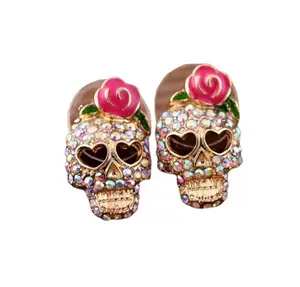 Vintage Luxury Exquisite Rose Skull Handmade Earring For Women Personalized Exaggerated Micro Inlay Rhinestone Stud Earrings