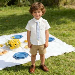 Conjunto Formal de Manga Corta de Algodón y Lino para Niños, Transpirable, para Bodas y Fiestas de Verano, Marca Privada OEM ODM, Camisa para Niños - Product Image 1
