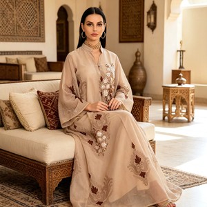Ethnische Bluse Damen Perlenbesetztes Blatt-Stickerei Transparentes Langarm-Kleid Modisches Elegantes Einteiliges Kleid - Product Image 3
