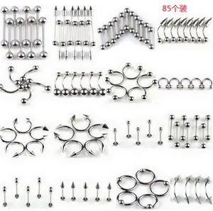 Hot Sale Stainless Steel 85pcs/set Body Belly Piercing Jewelry Tongue Piercing Rings