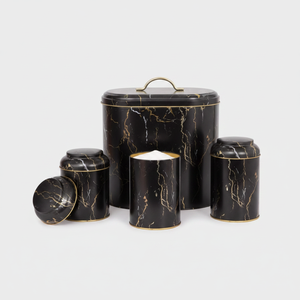 4 Pcs Round Tin <b>Box</b> Kitchen <b>Set</b> Dome Lid Marble Black Marble Black Design - Product Image 2