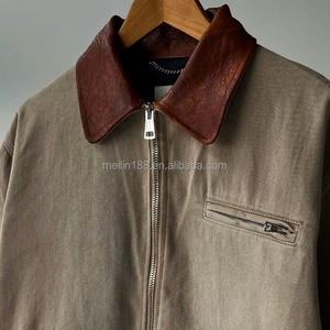 Custom High Quality <b>Canvas</b> <b>Jacket</b> Plus Size Workwear Design Vintage Washing Leather Lapel Collar Zip up Used Work <b>Jackets</b> - Product Image 3