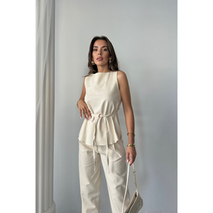 Conjunto de lino Massimo para mujer, top y pantalones sin mangas en color beige, talla S, estilo minimalista elegante - Product Image 5