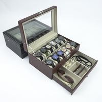 Boîte de Rangement de Luxe pour Montres à 2 Niveaux et 12 Fentes avec Couvercle en Verre, Tiroir en Velours et Serrure pour Lunettes de Soleil et Bijoux