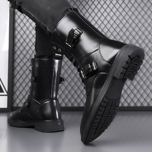 Bottes de motard hautes en cuir pleine fleur pour homme, à double boucle et lacets, doublure chaude, style <span class=keywords><strong>Martin</strong></span>, pour toutes les saisons et usage quotidien à moto - Product Image 4