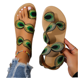 2025 Summer Fashion Trend Lighted Ethnic Flat Women's <b>Beach</b> Sandals-Large Size Outdoor <b>Shoes</b> with PU Upper and Rubber Outsole - Product Image 1