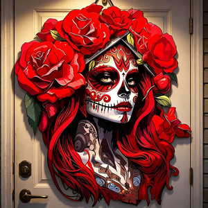 Letrero Colgante de Pared de Mujer de Azúcar con Rosa Roja para el Día de Muertos, Decoración de Puerta de Halloween, Adorno Festivo, Regalo - Product Image 1