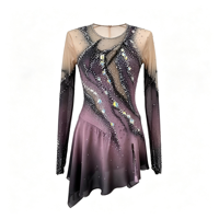 Robe de patinage artistique violette et noire ornée de strass, à manches longues en maille et dos découpé, pour la compétition et les spectacles des adultes et des enfants