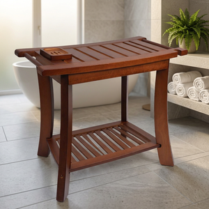 Banc de douche moderne en bambou 24 pouces, chaise de douche avec 2 étagères de rangement, siège en bois durable, tabouret écologique polyvalent pour appartement et villa - Product Image 2