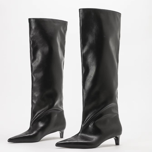 Wholesale <b>Knee</b>-<b>High</b> Boots Factory Direct Women Black Soft Leather Pointed Toe Kitten Heel Draped Wide Shaft Relaxed Long Boots - Product Image 2