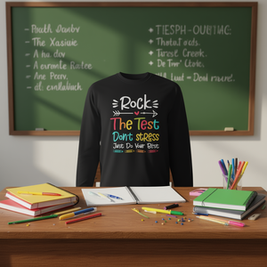 Camiseta de manga larga Rock The Test para profesores con diseño motivacional para pruebas - Product Image 3