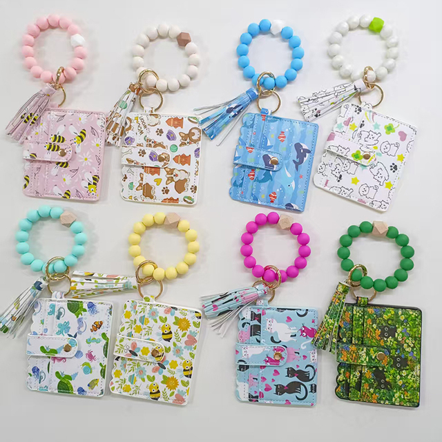 2025 New Creative Design Animal Print PU Leather Wallet Card Holder Silicone Bead Fringe Bracelet Key Chain Wallet for Women