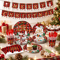 Ensemble de fournitures pour fête de Noël : bannières, assiettes en papier, gobelets, serviettes, couverts pour la décoration des fêtes
