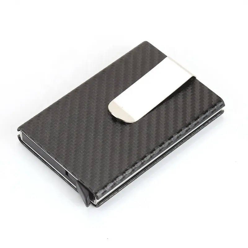 RFID Pop Up Aluminium Box Kohle faser PU Leder Karte Brieftasche Kreditkarten halter Männer und Frauen mit Metall clip
