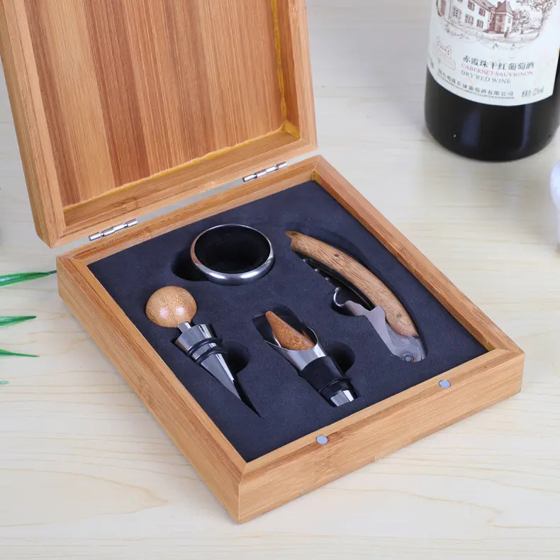 Premium Luxury Wooden Bamboo Red Wine Cork Corkscrew Opener Accessories Gift Boxes Sets With Chess