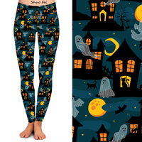 Leggings de yoga taille haute pour femme, imprimé fantôme Halloween, coupe ajustée, motif maison hantée, pantalon de sport, vêtements de sport