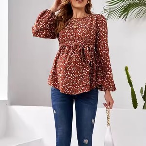 Vêtements <span class=keywords><strong>de</strong></span> maternité chemise imprimé fleuri femmes enceintes à manches longues col rond boutonné ceinture à volants haut <span class=keywords><strong>de</strong></span> <span class=keywords><strong>grossesse</strong></span> - Product Image 4
