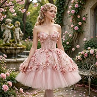 Robe de cocktail mini en tulle rose avec corset illusion à sequins floraux 3D, idéale pour les soirées de remise de diplôme et les bals de promo
