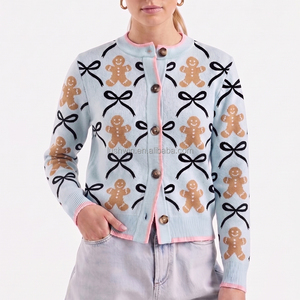 Cardigan <span class=keywords><strong>en</strong></span> tricot pour femme, motif bonhomme <span class=keywords><strong>en</strong></span> pain d'épices, boutonné, col rond, <span class=keywords><strong>pull</strong></span> de Noël pour les fêtes d'hiver, tenues de boutique - Product Image 1