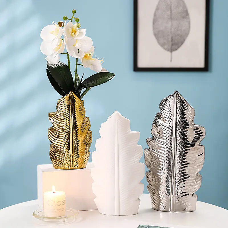Ywbeyond Home Decor Modern Handmade Ceramic Living Room Luxury Banana Leaf Gold Silver White Nordic Porcelain Flower Vase