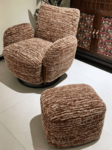 Sillón Moderno Giratorio con Reposapiés, Tapizado en Terciopelo Marrón a Rayas, para Sala de Estar, Dormitorio u Hotel - Product Image 6