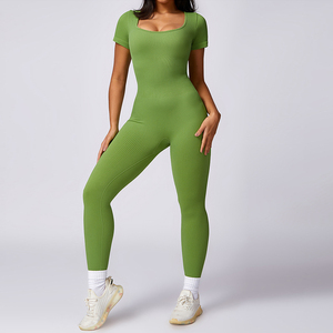 Fil haute résistance à manches courtes Fitness Sportswear vêtements serrés sans couture une pièce Yoga costume femmes combinaisons combishorts - Product Image 2