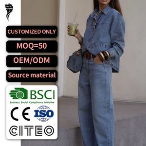 Ensemble 2 pièces sur mesure OEM : Veste en jean oversize et pantalon en jean baggy à jambe droite pour femme - Product Image 1
