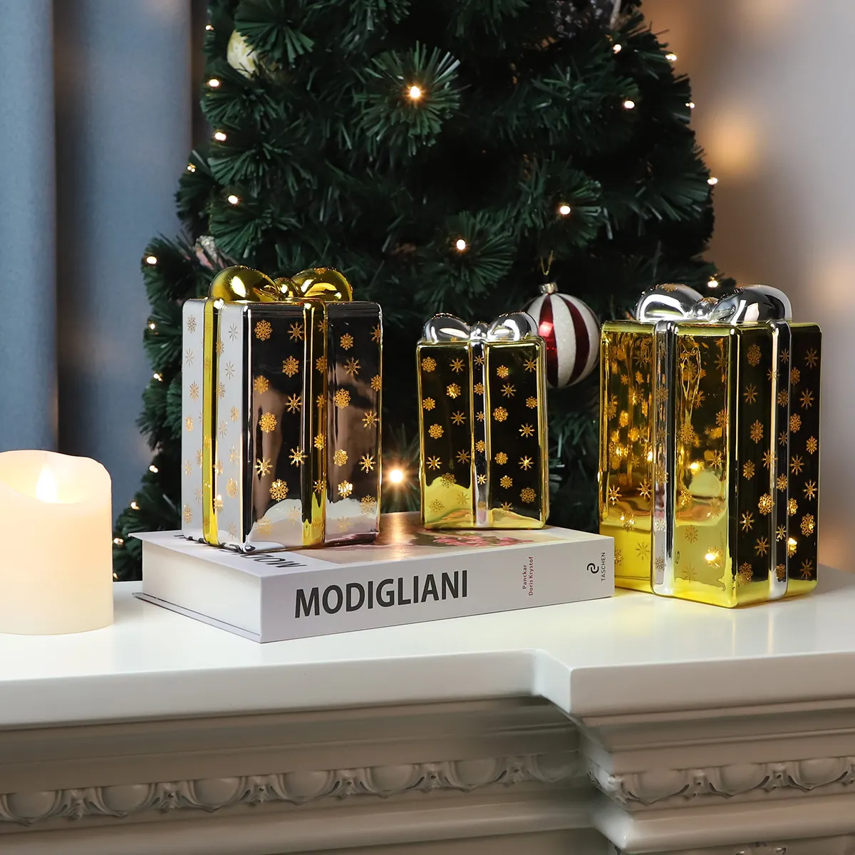 Ornements de Noël en verre en vrac boîte-cadeau de paillettes en forme pour la décoration de Noël