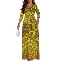 Nouveau gros personnalisé Tonga polynésien Tribal imprimé taille haute ceintures Maxi longue robe femmes col en V décontracté avec poche latérale robe