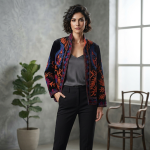 <b>Black</b> Suzani <b>Velvet</b> Embroidered <b>Jacket</b> for <b>Women</b> Handmade Floral Boho Ethnic Boutique Wholesale Fashion Outerwear Supplier B2B - Product Image 1
